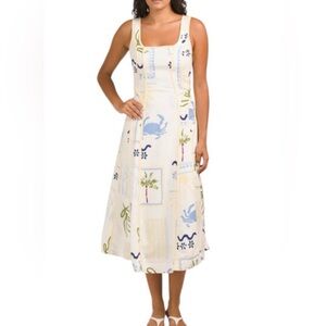 Caroline Constas Tropical Coastal Crab Print Linen Blend Midi Dress L